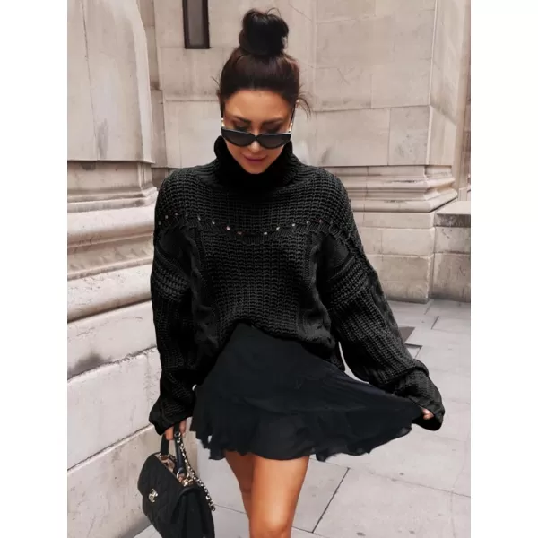 imagePRETTYGARDEN Womens 2023 Fall Sweaters Fashion Winter Turtleneck Cable Knit Pullover Long Sleeve Casual Blouse TopsBlack