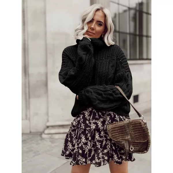 imagePRETTYGARDEN Womens 2023 Fall Sweaters Fashion Winter Turtleneck Cable Knit Pullover Long Sleeve Casual Blouse TopsBlack