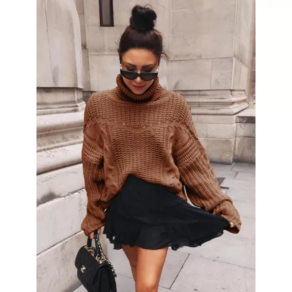 imagePRETTYGARDEN Womens 2023 Fall Sweaters Fashion Winter Turtleneck Cable Knit Pullover Long Sleeve Casual Blouse TopsCoffee
