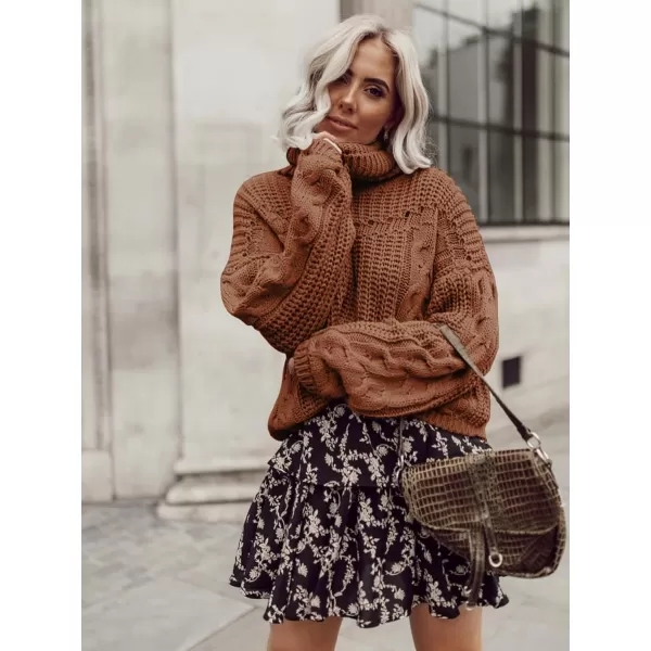 imagePRETTYGARDEN Womens 2023 Fall Sweaters Fashion Winter Turtleneck Cable Knit Pullover Long Sleeve Casual Blouse TopsCoffee
