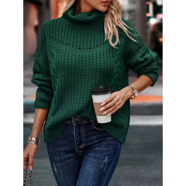 imagePRETTYGARDEN Womens 2023 Fall Sweaters Fashion Winter Turtleneck Cable Knit Pullover Long Sleeve Casual Blouse TopsDark Green