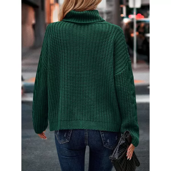 imagePRETTYGARDEN Womens 2023 Fall Sweaters Fashion Winter Turtleneck Cable Knit Pullover Long Sleeve Casual Blouse TopsDark Green
