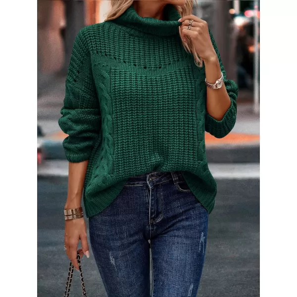 imagePRETTYGARDEN Womens 2023 Fall Sweaters Fashion Winter Turtleneck Cable Knit Pullover Long Sleeve Casual Blouse TopsDark Green