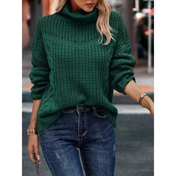 imagePRETTYGARDEN Womens 2023 Fall Sweaters Fashion Winter Turtleneck Cable Knit Pullover Long Sleeve Casual Blouse TopsDark Green