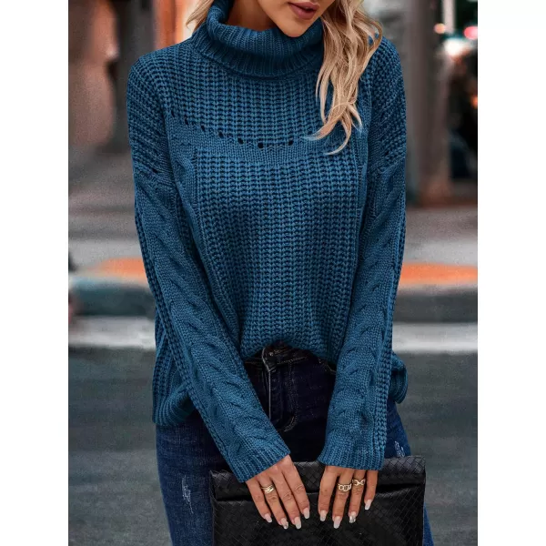 imagePRETTYGARDEN Womens 2023 Fall Sweaters Fashion Winter Turtleneck Cable Knit Pullover Long Sleeve Casual Blouse TopsLake Blue