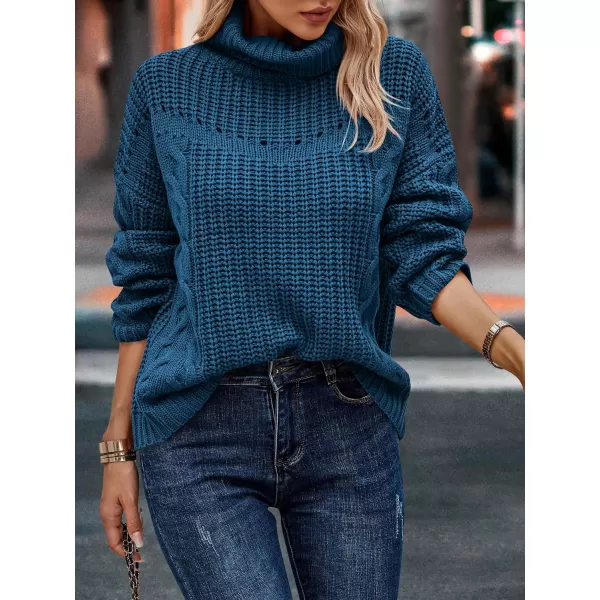 imagePRETTYGARDEN Womens 2023 Fall Sweaters Fashion Winter Turtleneck Cable Knit Pullover Long Sleeve Casual Blouse TopsLake Blue