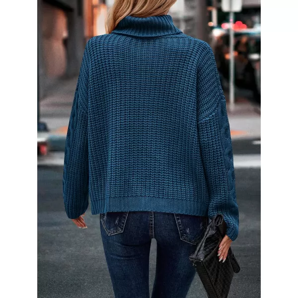 imagePRETTYGARDEN Womens 2023 Fall Sweaters Fashion Winter Turtleneck Cable Knit Pullover Long Sleeve Casual Blouse TopsLake Blue