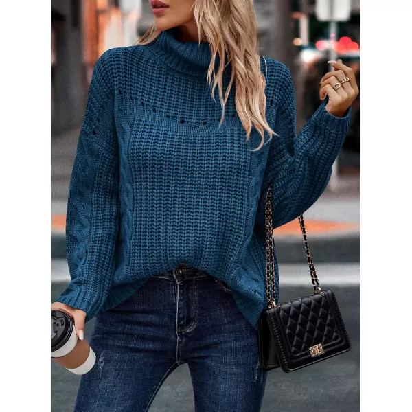 imagePRETTYGARDEN Womens 2023 Fall Sweaters Fashion Winter Turtleneck Cable Knit Pullover Long Sleeve Casual Blouse TopsLake Blue