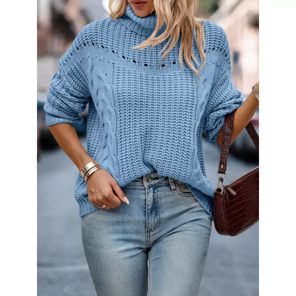 imagePRETTYGARDEN Womens 2023 Fall Sweaters Fashion Winter Turtleneck Cable Knit Pullover Long Sleeve Casual Blouse TopsSky Blue