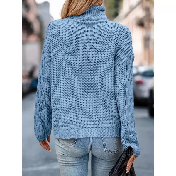 imagePRETTYGARDEN Womens 2023 Fall Sweaters Fashion Winter Turtleneck Cable Knit Pullover Long Sleeve Casual Blouse TopsSky Blue