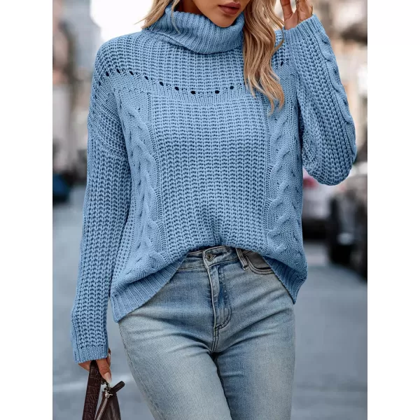 imagePRETTYGARDEN Womens 2023 Fall Sweaters Fashion Winter Turtleneck Cable Knit Pullover Long Sleeve Casual Blouse TopsSky Blue