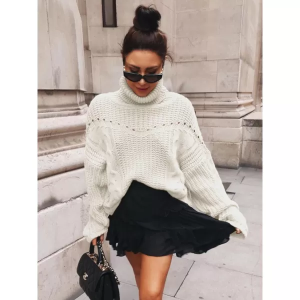 imagePRETTYGARDEN Womens 2023 Fall Sweaters Fashion Winter Turtleneck Cable Knit Pullover Long Sleeve Casual Blouse TopsWhite