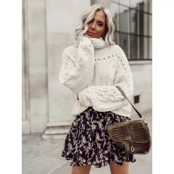 imagePRETTYGARDEN Womens 2023 Fall Sweaters Fashion Winter Turtleneck Cable Knit Pullover Long Sleeve Casual Blouse TopsWhite