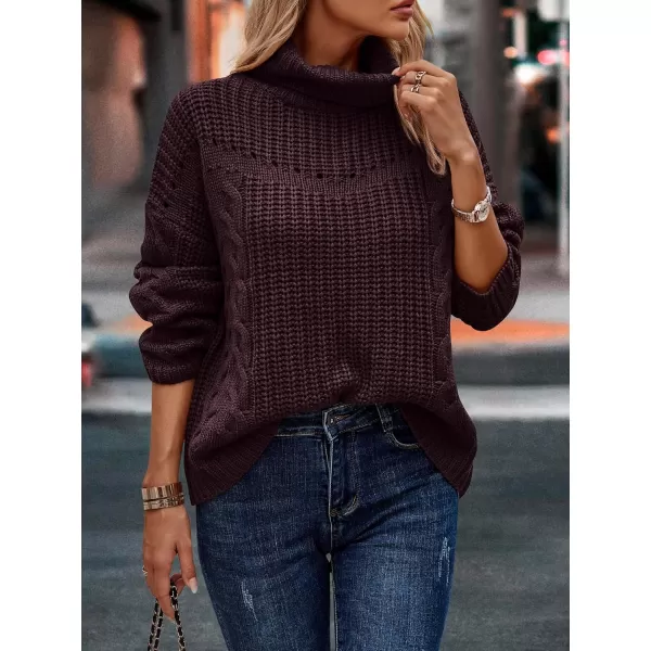 imagePRETTYGARDEN Womens 2023 Fall Sweaters Fashion Winter Turtleneck Cable Knit Pullover Long Sleeve Casual Blouse TopsWine Red
