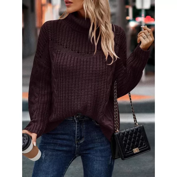 imagePRETTYGARDEN Womens 2023 Fall Sweaters Fashion Winter Turtleneck Cable Knit Pullover Long Sleeve Casual Blouse TopsWine Red