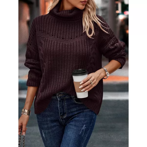 imagePRETTYGARDEN Womens 2023 Fall Sweaters Fashion Winter Turtleneck Cable Knit Pullover Long Sleeve Casual Blouse TopsWine Red