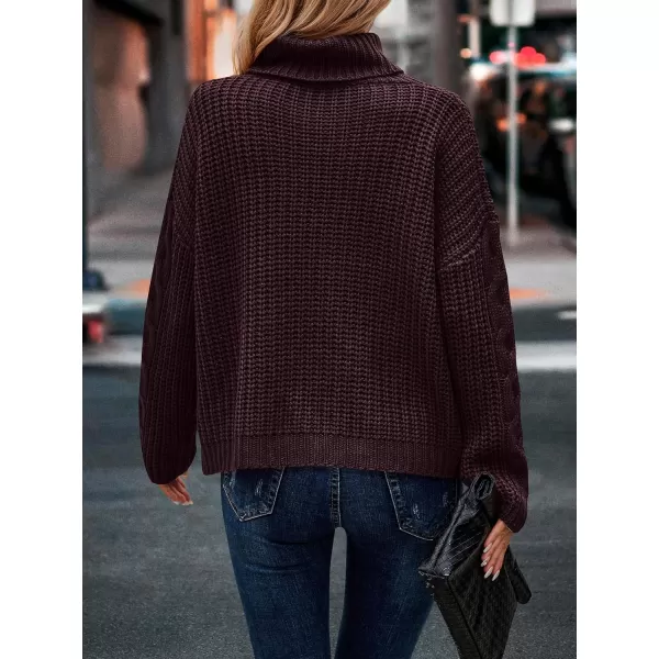 imagePRETTYGARDEN Womens 2023 Fall Sweaters Fashion Winter Turtleneck Cable Knit Pullover Long Sleeve Casual Blouse TopsWine Red