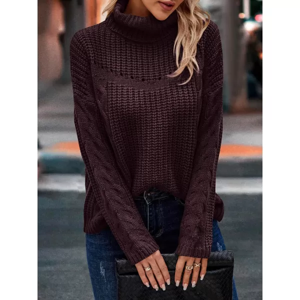 imagePRETTYGARDEN Womens 2023 Fall Sweaters Fashion Winter Turtleneck Cable Knit Pullover Long Sleeve Casual Blouse TopsWine Red