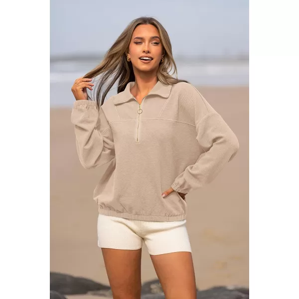 imagePRETTYGARDEN Womens 2023 Fall Sweatshirt Half Zip Collar Pullover Tops Oversized Long Sleeve Plain Casual Jacket ClothesApricot