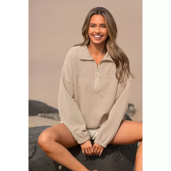 imagePRETTYGARDEN Womens 2023 Fall Sweatshirt Half Zip Collar Pullover Tops Oversized Long Sleeve Plain Casual Jacket ClothesApricot