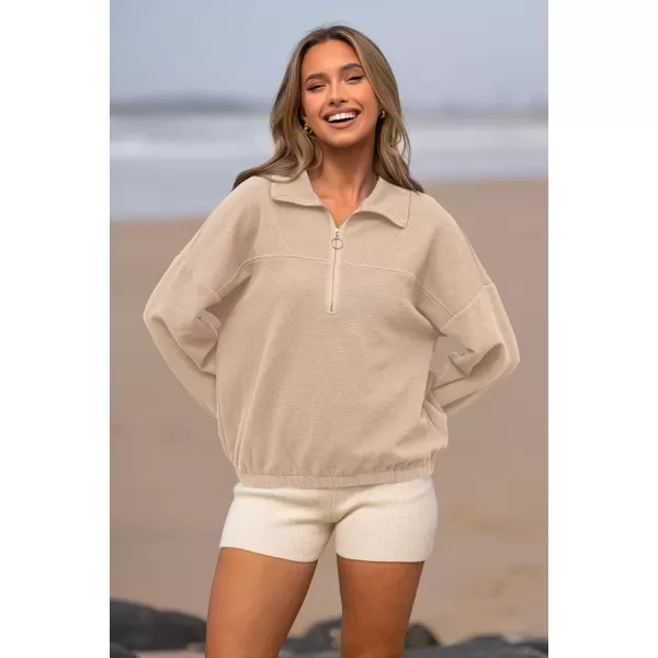 imagePRETTYGARDEN Womens 2023 Fall Sweatshirt Half Zip Collar Pullover Tops Oversized Long Sleeve Plain Casual Jacket ClothesApricot