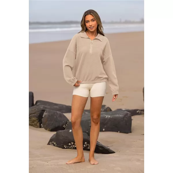 imagePRETTYGARDEN Womens 2023 Fall Sweatshirt Half Zip Collar Pullover Tops Oversized Long Sleeve Plain Casual Jacket ClothesApricot
