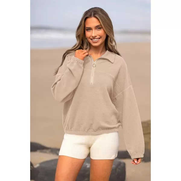 imagePRETTYGARDEN Womens 2023 Fall Sweatshirt Half Zip Collar Pullover Tops Oversized Long Sleeve Plain Casual Jacket ClothesApricot