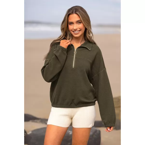 imagePRETTYGARDEN Womens 2023 Fall Sweatshirt Half Zip Collar Pullover Tops Oversized Long Sleeve Plain Casual Jacket ClothesArmy Green