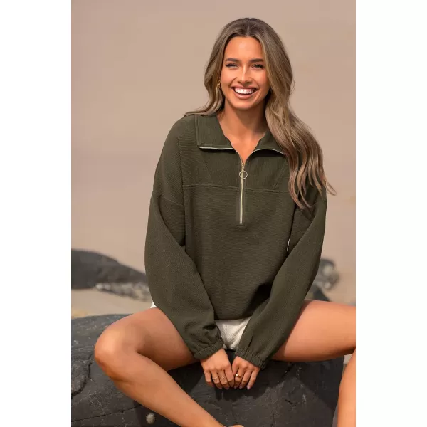 imagePRETTYGARDEN Womens 2023 Fall Sweatshirt Half Zip Collar Pullover Tops Oversized Long Sleeve Plain Casual Jacket ClothesArmy Green