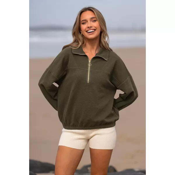 imagePRETTYGARDEN Womens 2023 Fall Sweatshirt Half Zip Collar Pullover Tops Oversized Long Sleeve Plain Casual Jacket ClothesArmy Green