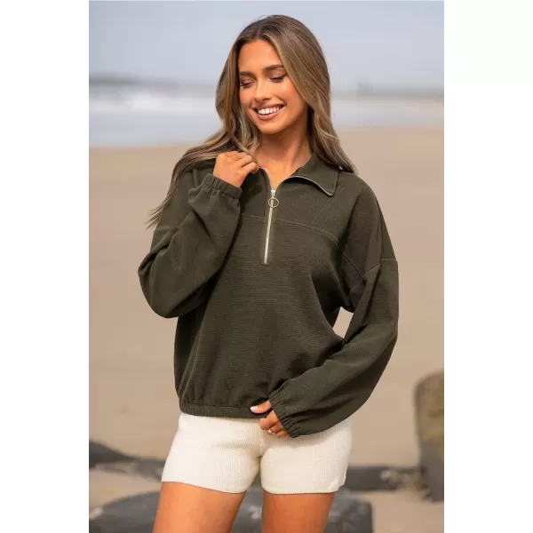 imagePRETTYGARDEN Womens 2023 Fall Sweatshirt Half Zip Collar Pullover Tops Oversized Long Sleeve Plain Casual Jacket ClothesArmy Green