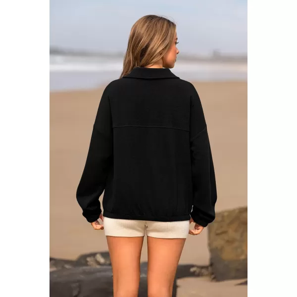 imagePRETTYGARDEN Womens 2023 Fall Sweatshirt Half Zip Collar Pullover Tops Oversized Long Sleeve Plain Casual Jacket ClothesBlack