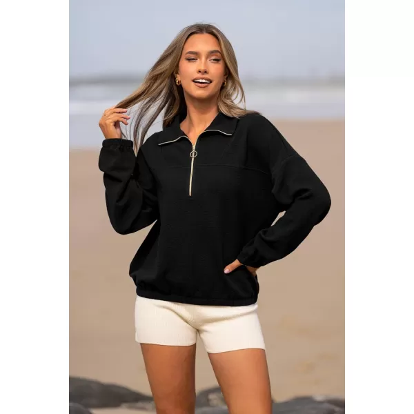 imagePRETTYGARDEN Womens 2023 Fall Sweatshirt Half Zip Collar Pullover Tops Oversized Long Sleeve Plain Casual Jacket ClothesBlack