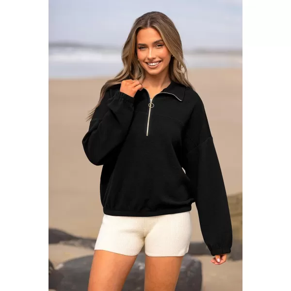 imagePRETTYGARDEN Womens 2023 Fall Sweatshirt Half Zip Collar Pullover Tops Oversized Long Sleeve Plain Casual Jacket ClothesBlack