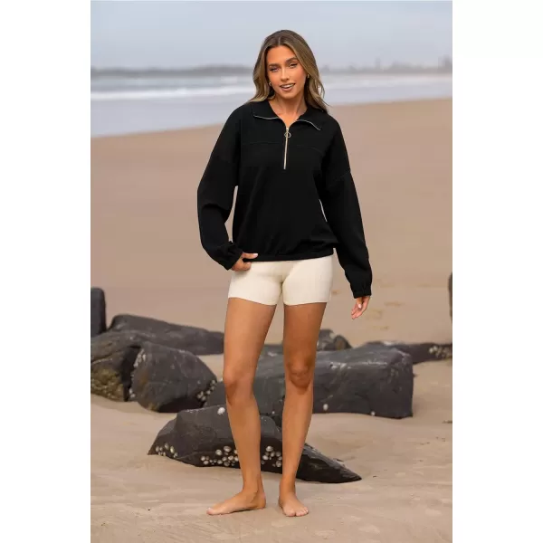 imagePRETTYGARDEN Womens 2023 Fall Sweatshirt Half Zip Collar Pullover Tops Oversized Long Sleeve Plain Casual Jacket ClothesBlack