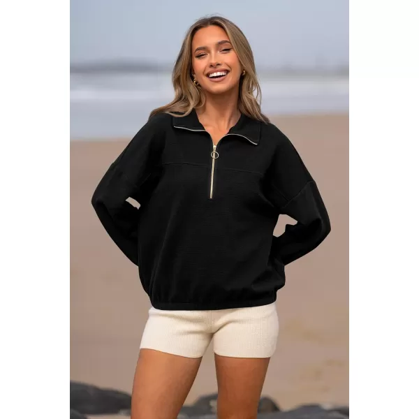 imagePRETTYGARDEN Womens 2023 Fall Sweatshirt Half Zip Collar Pullover Tops Oversized Long Sleeve Plain Casual Jacket ClothesBlack