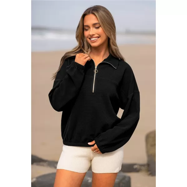 imagePRETTYGARDEN Womens 2023 Fall Sweatshirt Half Zip Collar Pullover Tops Oversized Long Sleeve Plain Casual Jacket ClothesBlack