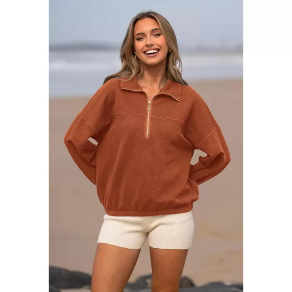 imagePRETTYGARDEN Womens 2023 Fall Sweatshirt Half Zip Collar Pullover Tops Oversized Long Sleeve Plain Casual Jacket ClothesBrown