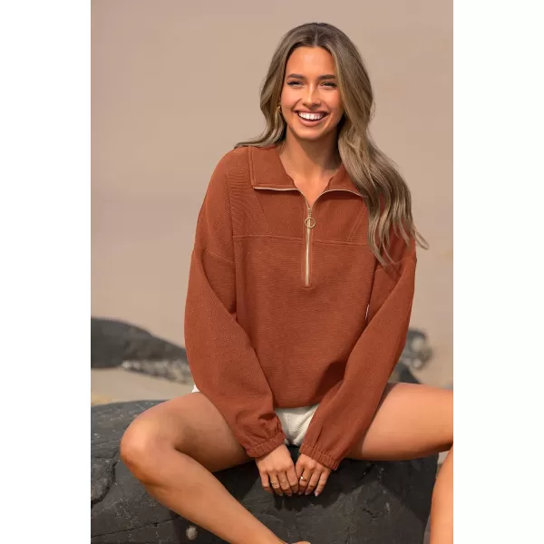 imagePRETTYGARDEN Womens 2023 Fall Sweatshirt Half Zip Collar Pullover Tops Oversized Long Sleeve Plain Casual Jacket ClothesBrown