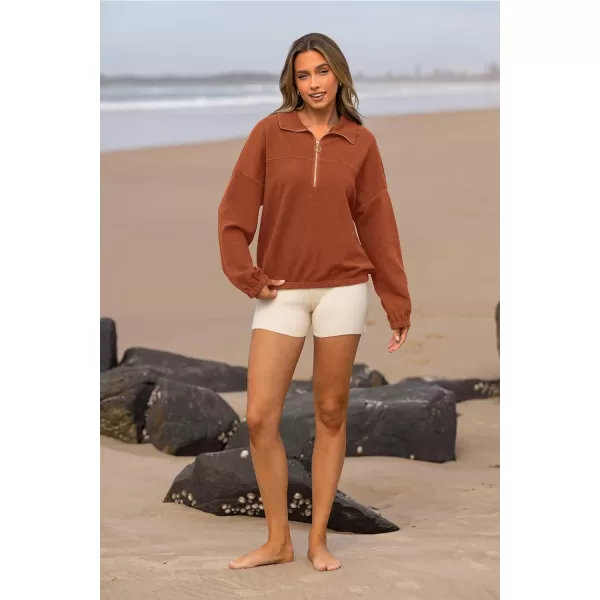 imagePRETTYGARDEN Womens 2023 Fall Sweatshirt Half Zip Collar Pullover Tops Oversized Long Sleeve Plain Casual Jacket ClothesBrown