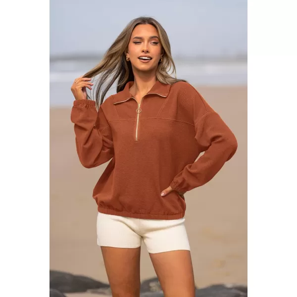 imagePRETTYGARDEN Womens 2023 Fall Sweatshirt Half Zip Collar Pullover Tops Oversized Long Sleeve Plain Casual Jacket ClothesBrown