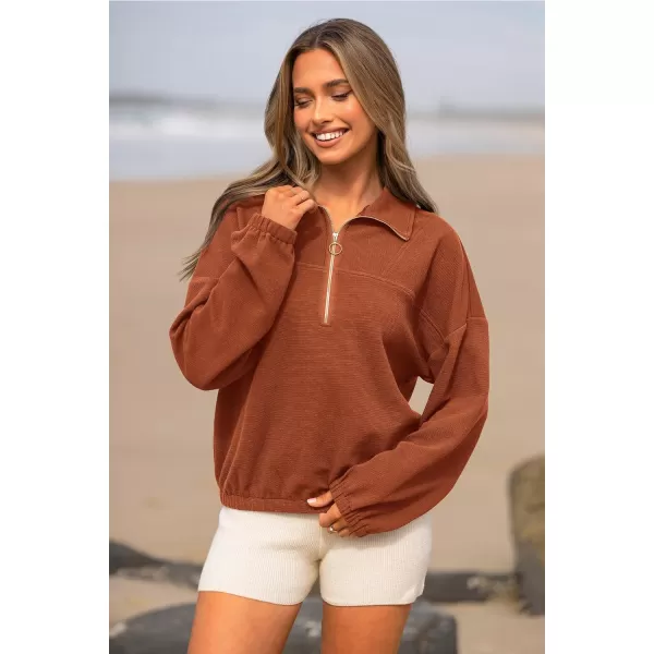 imagePRETTYGARDEN Womens 2023 Fall Sweatshirt Half Zip Collar Pullover Tops Oversized Long Sleeve Plain Casual Jacket ClothesBrown