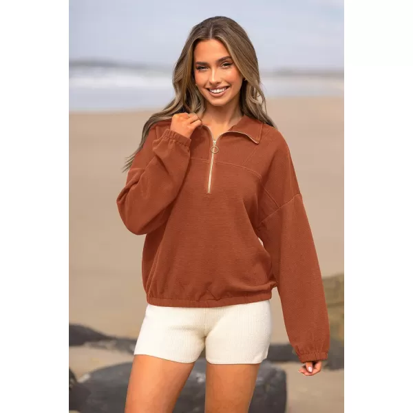 imagePRETTYGARDEN Womens 2023 Fall Sweatshirt Half Zip Collar Pullover Tops Oversized Long Sleeve Plain Casual Jacket ClothesBrown