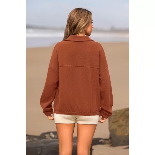 imagePRETTYGARDEN Womens 2023 Fall Sweatshirt Half Zip Collar Pullover Tops Oversized Long Sleeve Plain Casual Jacket ClothesBrown