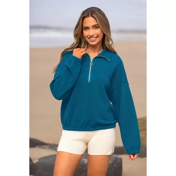 imagePRETTYGARDEN Womens 2023 Fall Sweatshirt Half Zip Collar Pullover Tops Oversized Long Sleeve Plain Casual Jacket ClothesLake Blue