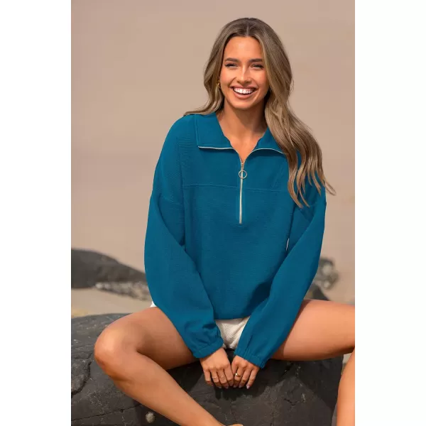 imagePRETTYGARDEN Womens 2023 Fall Sweatshirt Half Zip Collar Pullover Tops Oversized Long Sleeve Plain Casual Jacket ClothesLake Blue