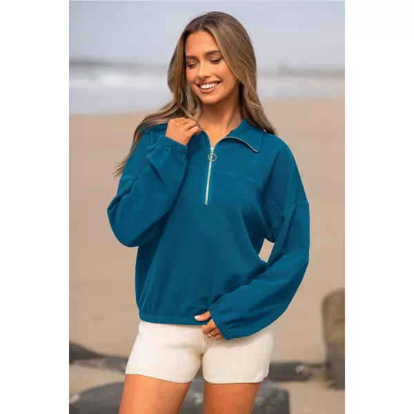 imagePRETTYGARDEN Womens 2023 Fall Sweatshirt Half Zip Collar Pullover Tops Oversized Long Sleeve Plain Casual Jacket ClothesLake Blue