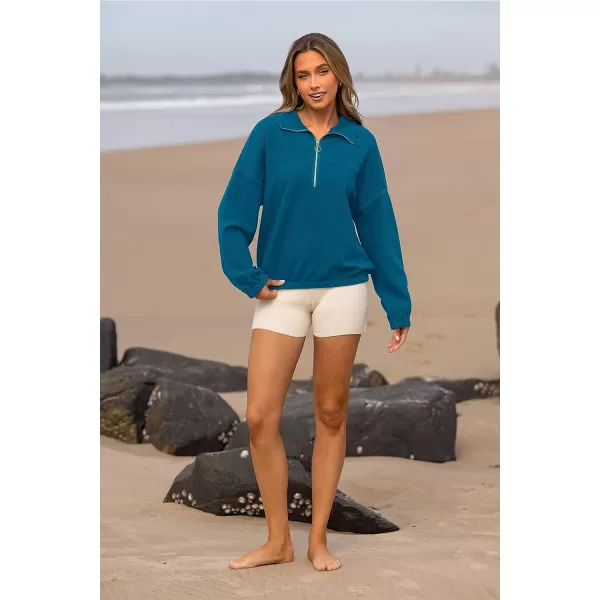 imagePRETTYGARDEN Womens 2023 Fall Sweatshirt Half Zip Collar Pullover Tops Oversized Long Sleeve Plain Casual Jacket ClothesLake Blue