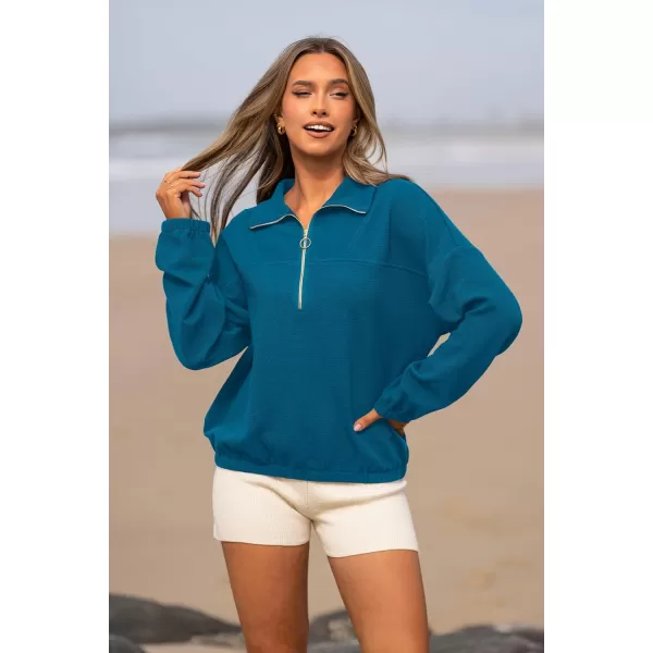 imagePRETTYGARDEN Womens 2023 Fall Sweatshirt Half Zip Collar Pullover Tops Oversized Long Sleeve Plain Casual Jacket ClothesLake Blue