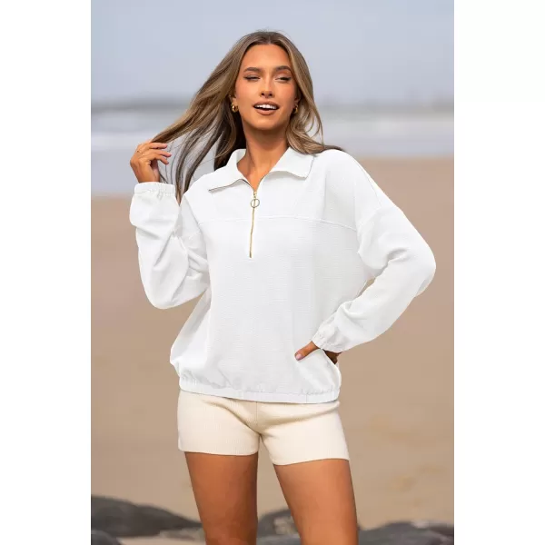 imagePRETTYGARDEN Womens 2023 Fall Sweatshirt Half Zip Collar Pullover Tops Oversized Long Sleeve Plain Casual Jacket ClothesWhite